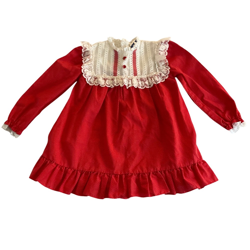 Fayette Polka Dot Dress Kids Size 4 Red White Lace Bib Vintage F-36591
